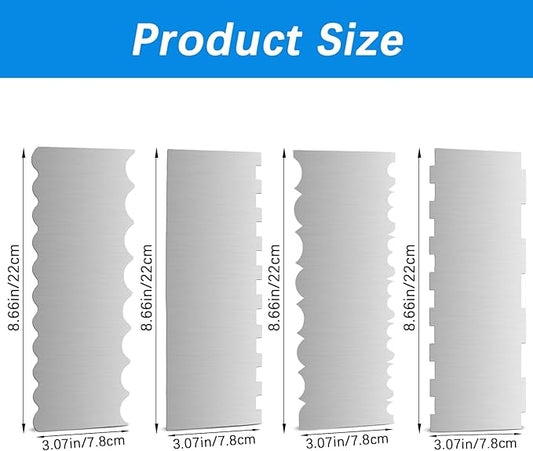 4 Pieces Stainless Steel Cake Scraper 10 Inch and Sided Patterned Edge Stripe Edge Smoother Scraper Cake Decorating Comb Cake Pastry Cutter for Mousse Butter Cream Cake Decoration