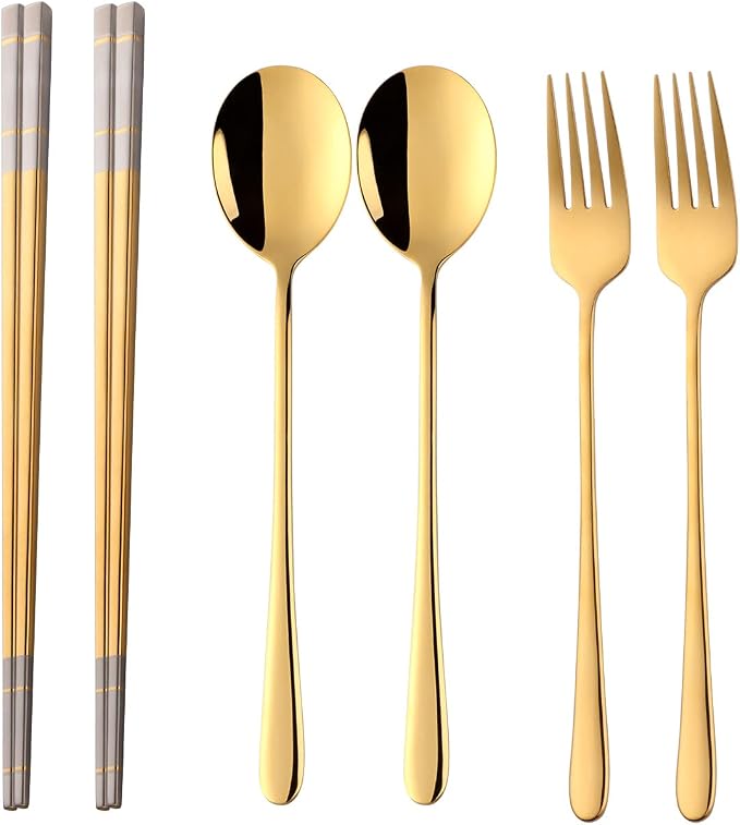 Buyer Star Stainless Steel Korean Chopsticks Spoons and Fork Set, 2 Pack Reusable Forks and Spoons Silverware Korean Utensil Set, Portable Utensils Dinnerware for Home (Gold)