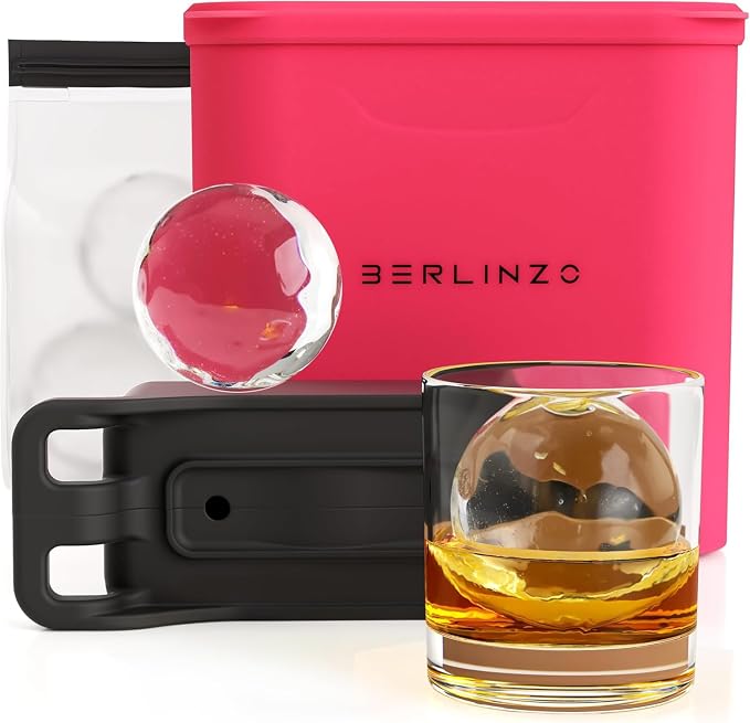Berlinzo Ice Ball Maker Mold -2 Clear 2.4in Whiskey Spheres, Non-Electric | Silicone, BPA-free, whiskey and bourbon, slow-melt, easy release, 2-count, storage bag included