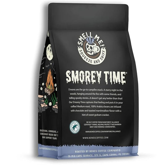 Bones Coffee Company S'morey Time, S'mores and Graham Crackers Flavored Coffee, Medium Roast Low Acid Arabica Beans Compatible with Auto drip and French Press Coffee Maker, 12 Oz Ground