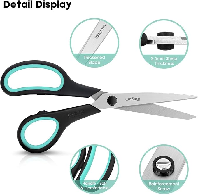 iBayam 8.5" Heavy Duty Scissors All Purpose for Office School Crafts Sewing | 3-Pack, Ultra-Sharp 2.5mm Stainless Blades, Comfort Grip Handles, Left & Right Handed – Teacher Desk & Classroom Must-Have