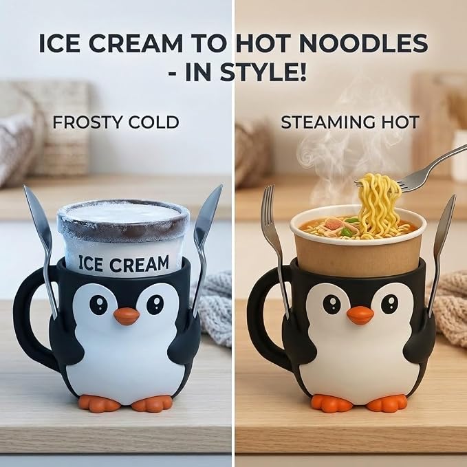 Ice Cream Pint Holder – Fits Standard Pints – Dual Spoon Sockets – Keeps Hands Warm – Fun Unique Designs with Vibrant Colors – Reusable Ice Cream Sleeve - Ramen Noodle Holder (Rainbow Penguin)