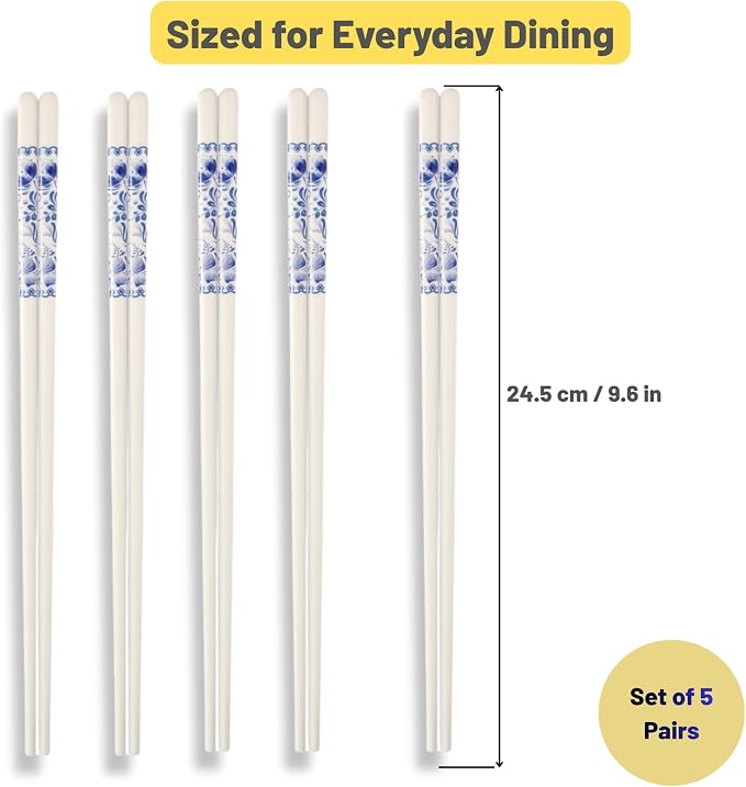 Porcelain Chopsticks Set of 5 Pairs, Reusable Bone Ceramic Chopsticks, Dishwasher Safe, Non-Slip Design, Elegant Gift Box for Family or Restaurant Use (Camellia)