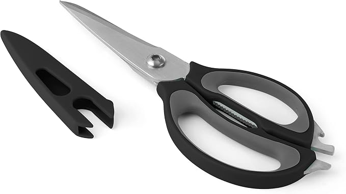 Farberware 4-in-1 Kitchen Shears with Sheath, High-Carbon Stainless Steel Scissors with Bottle Opener, Jar Opener and Screwdriver, Grey and Black Ergonomic Handle