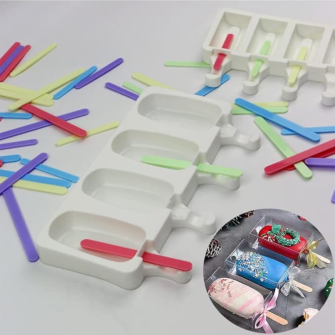 ELANE 4 Pcs Ice Popsicle Molds, Silicone, Cylinder Shaped, White, Ice Pop Molds with 25 Colored Popsicle Sticks