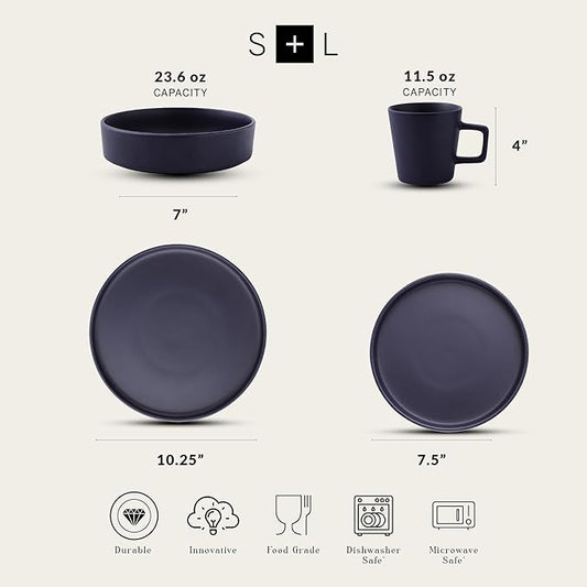 Stone Lain Cleo Modern Stoneware 16-Piece Dinnerware Set, Plates and Bowls Set, Dish Set Service For 4, Dark Blue