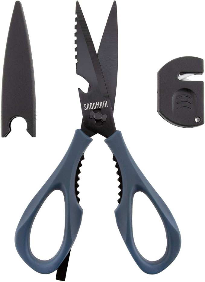 Kitchen Scissors All Purpose, Extra Sharp Kitchen Shears with Knife Sharpener & Sheath, Solid & Durable Stainless Steel Scissors with ANTI-RUST Black Titanium Plated, Dishwasher Safe – Blue