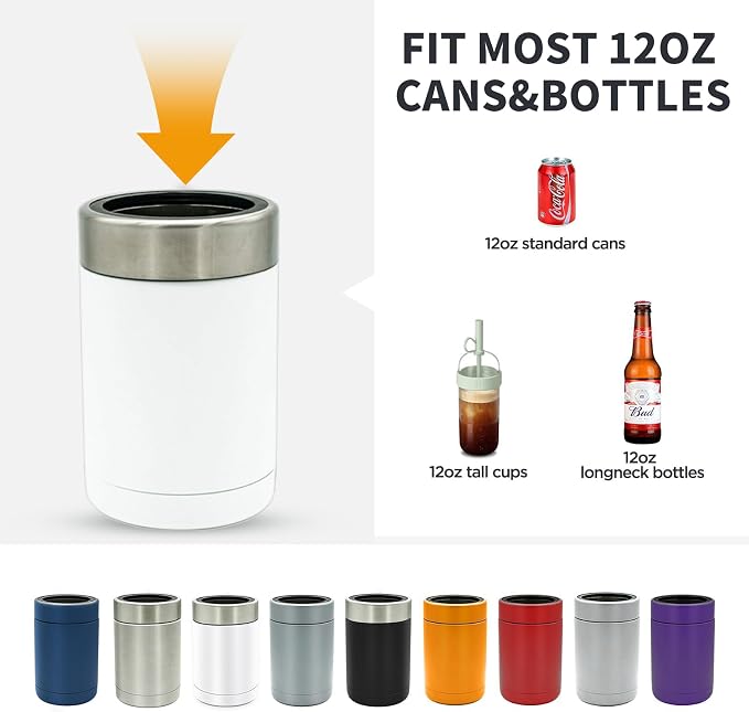 Tahoe Trails Stainless Steel 12oz Vacuum Insulated Can and Bottle Cooler | Double Wall Can Cooler For Cans and Bottles | Copper Plated Can Chiller and Metal Cooler | White