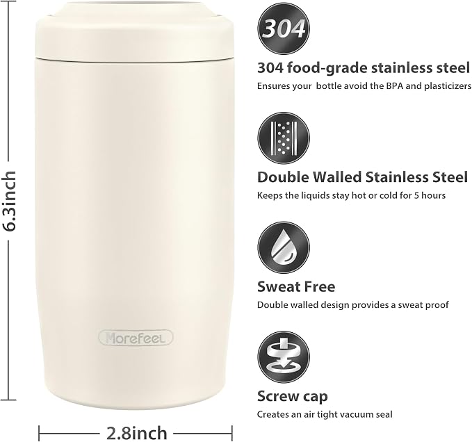 Morefeel 4-in-1 Insulated Can Cooler for 12 oz Cans & Bottles | 304 Stainless Steel Can Holder Fits 12 Oz Slim Cans, Standard Cans, Beer Bottles & Works as A Open Cup; Dishwasher Safe