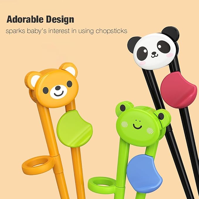 PandaEar 3 Pairs Animal Toddler Training Chopsticks for Kids, Reusable Beginners Learning Chopsticks with Silicone Finger Guide, Frog, Bear & Panda Helpers for Boys and Girls Ages 2-8