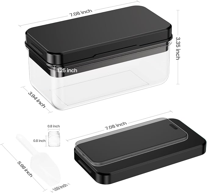 0.8“ Ice Cube Tray with Lid and Bin, PHINOX 28 Cubes Ice Trays for Freezer, Ice Cube Trays for Freezer with 1 tray, Container, Lid & Ice Scoop, BPA Free, Black(28Cubes/Tier)