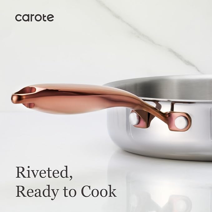 CAROTE 10" Tri-Ply Stainless Steel Frying Pan, Non-Toxic Egg Pan Omelet Pan, Oven Safe, Induction, Ceramic and Gas Cooktops Compatible, Polished Silver