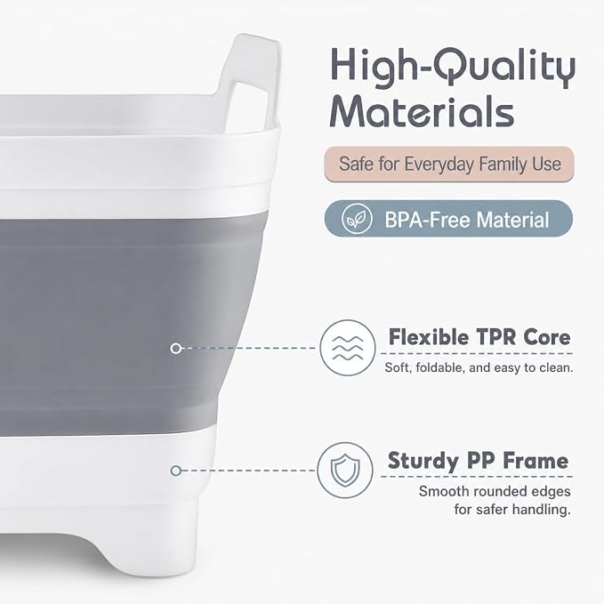 2.4 Gal(9L) Collapsible Dish Basin with Drain Plug, Space Saving Outdoor Multiuse Foldable Sink Tub, Dishpan, Kitchen Storage Tray for Camping, Vegetable Washing, RV (Gray)