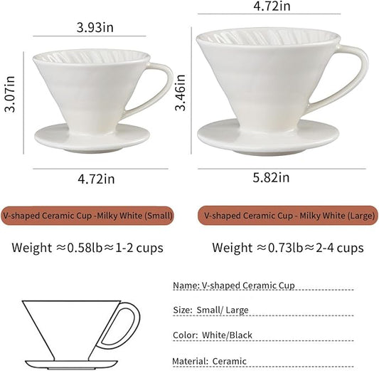 Pour Over Coffee Maker, Single Cup Coffee Dripper, Manual Porcelain Slow Brewing Accessories for Travel, Camping, Office, Home, Cafe, Coffee Gifts (Milky White, Large)