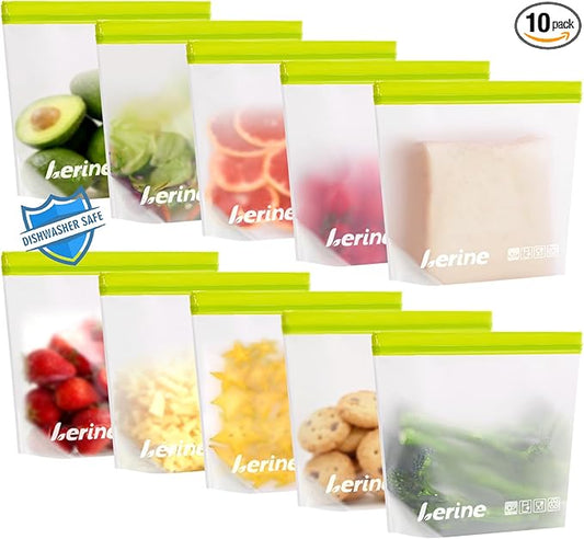 Lerine 10 Pack Stand-Up Reusable Sandwich Bags, Dishwasher Safe Leakproof Food Storage Bags, BPA Free Reusable Freezer Bags for Meal Prep,Sandwich,Home Organization (Green, 10Sandwich)