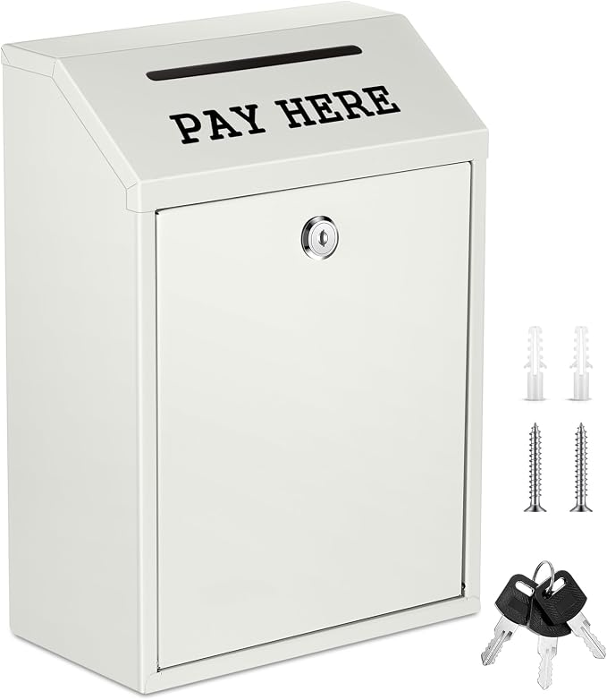 Yaocom Safe Metal Cash Box for Farm Stand – Money Drop and Secure Donation Collection, Wall Mount Lockable Unit with Pre Drilled Holes for Outdoor Self Serve(White,11.8 x 8.6 x 4.7 Inch)