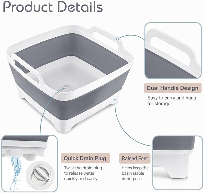 2.4 Gal(9L) Collapsible Dish Basin with Drain Plug, Space Saving Outdoor Multiuse Foldable Sink Tub, Dishpan, Kitchen Storage Tray for Camping, Vegetable Washing, RV (Gray)