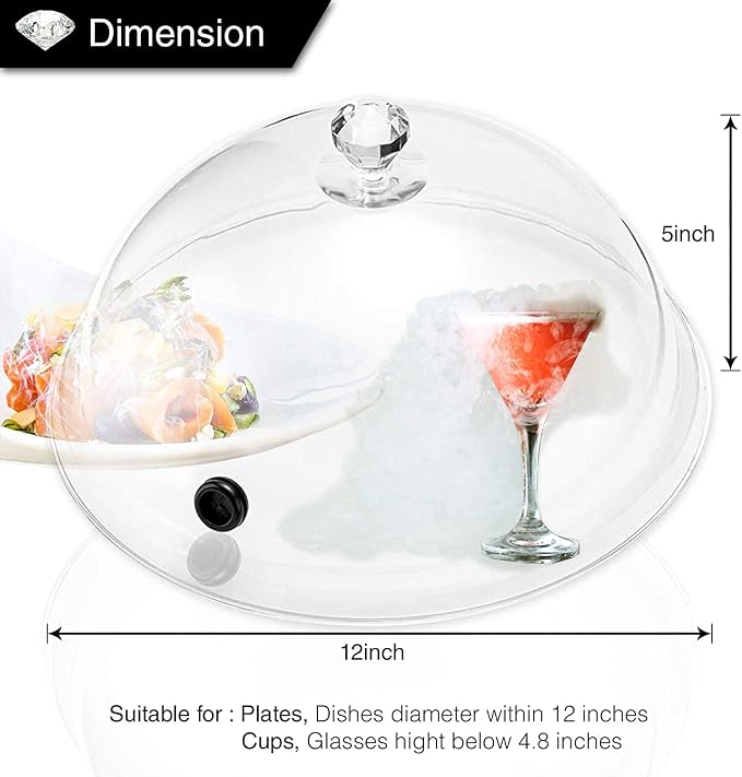 12 Inch Smoking Gun Plastic Dome for Plates, Glasses, Bowls, Smoke Infuser Cloche, Smoke Infuser Accessory Lid