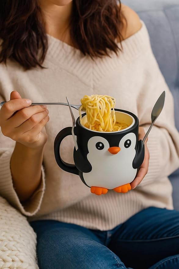 Ice Cream Pint Holder – Fits Standard Pints – Dual Spoon Sockets – Keeps Hands Warm – Fun Unique Designs with Vibrant Colors – Reusable Ice Cream Sleeve - Ramen Noodle Holder (Penguin)
