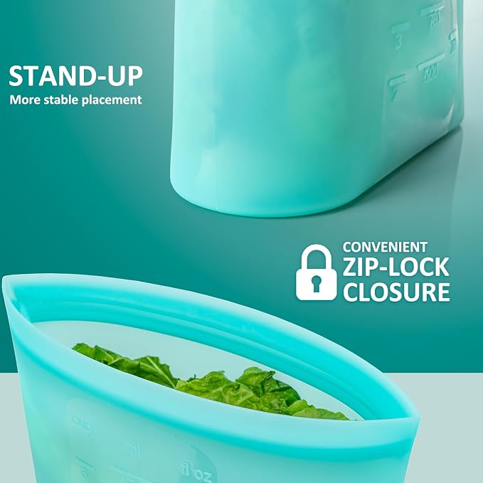 8-Pack Reusable Silicone Food Storage Bags, 100% Silicone Stand-Up Wide-Open Zip-Lock Reusable Storage Bags for Food, Freezer Microwave Oven Dishwasher Safe, Aqua, 2XL(0.8 Gallon) 2M 2S 2XS