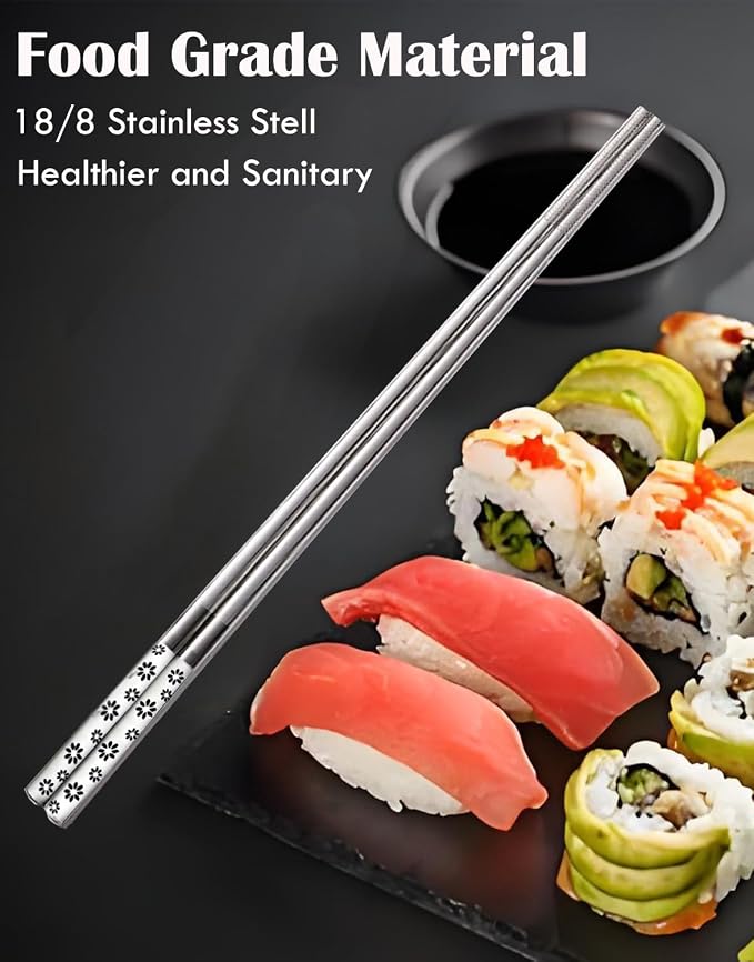 18/8 Stainless Steel Chopsticks Reusable, Cherry Blossoms, 5 Pairs | Metal,Gift Box Set,Dishwasher Safe, Square Lightweight, Non-Slip,Easy to clean