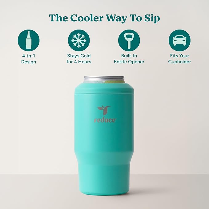 Reduce 4-in-1 Drink Cooler - Versatile Can & Bottle Holder with Vacuum Insulation - Keeps Drinks Cold Up to 4 Hours - Includes Bottle Opener - Fits Cupholders & Dishwasher Safe - 14oz - Ocean Breeze