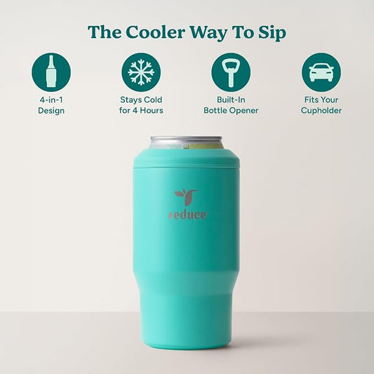 Reduce 4-in-1 Drink Cooler - Versatile Can & Bottle Holder with Vacuum Insulation - Keeps Drinks Cold Up to 4 Hours - Includes Bottle Opener - Fits Cupholders & Dishwasher Safe - 14oz - Ocean Breeze