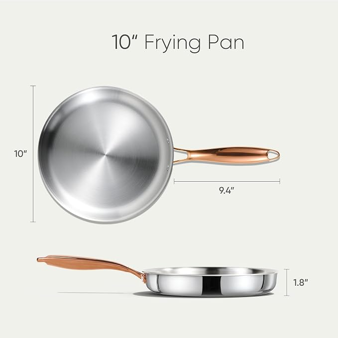 CAROTE 10" Tri-Ply Stainless Steel Frying Pan, Non-Toxic Egg Pan Omelet Pan, Oven Safe, Induction, Ceramic and Gas Cooktops Compatible, Polished Silver