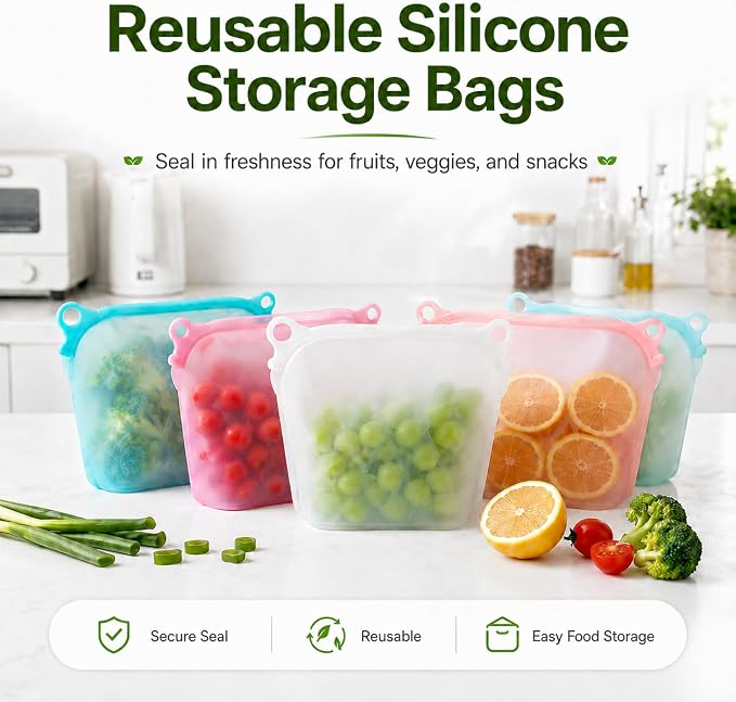 Yosmer Reusable Silicone Food Storage Bag, 50oz/1500ml Food-Grade Silicone Stand-Up Bag with Magnetic Self-Sealing Opening, Clear Windows, Freezer & Dishwasher Safe, White, 1 Pack