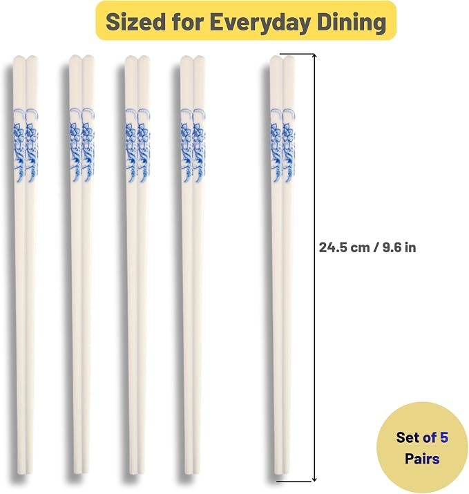 Porcelain Chopsticks Set of 5 Pairs, Reusable Bone Ceramic Chopsticks, Dishwasher Safe, Non-Slip Design, Elegant Gift Box for Family or Restaurant Use (peony)