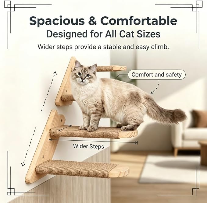 Wall Mounted Cat Shelf, 2 Pack 2 Step Wooden Stairway with Jute Rope, Space-Saving Modular Climbing Ladder for Indoor Cats, for Climbing, Resting, Scratching
