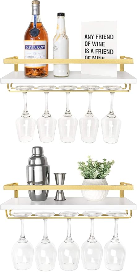 Mkono Wall Mounted Wine Rack Glass Holder, 2 Pack Rustic Shelves, 17 Inch | Space Saving, Stem Hanger, Floating Design, Store Wine Bottles, Easy Assembly, Multi-Function, Kitchen Dining Bar, Great Gift
