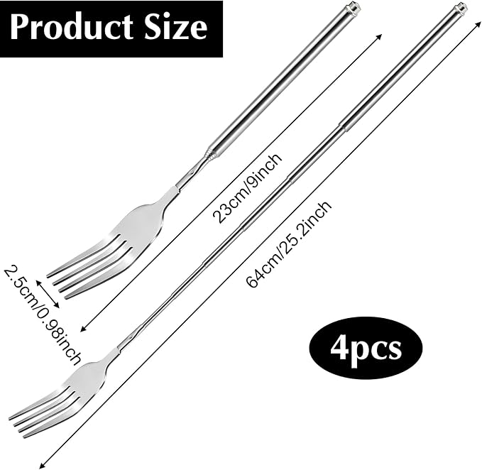 4 PCS Extendable Fork Set, Long Forks, Extended Stainless Steel Telescopic Forks for BBQ, Dinner, Dessert, Sausages, Hot Dogs, 9" to 25.2" Silver