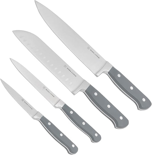 DURA LIVING Chef's Knife Set, 4 Piece Cutlery Knife Set, Superior Forged High Carbon Stainless Steel Ultra Sharp 8 Inch Chef, 7 Inch Santoku, 5 Inch Utility, 3.5 Inch Paring Knives, Grey
