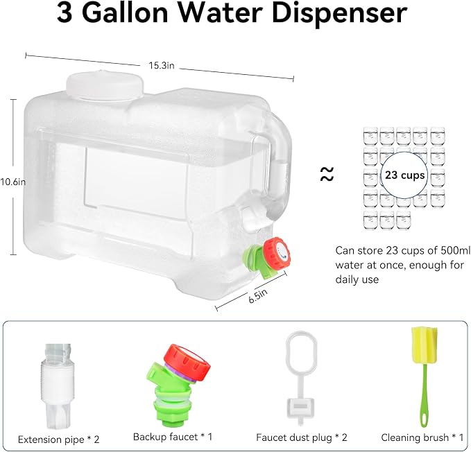 Drink Water Dispenser for Fridge - 3 Gallon Beverage Dispenser with Leak-Proof Spigot, Portable Food-grade Water Jug Container with Spout Handle for Kitchen Refrigerator Outdoor Camping Hiking
