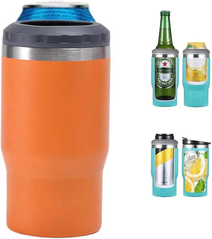 4 in 1 Stainless Steel Can/Bottle Insulator, 14oz Two-Way Lids SUS Insulated Can Cooler, Beer Bottle holder (Orange)
