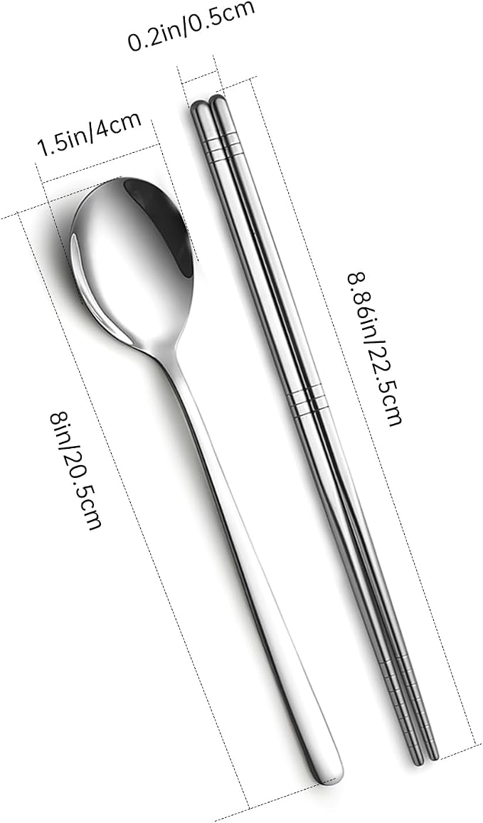 4 Set Korean Chopsticks and Spoons, Stainless Steel Metal Set, Reusable Flat Long Handle Set for Home, Kitchen or Restaurant
