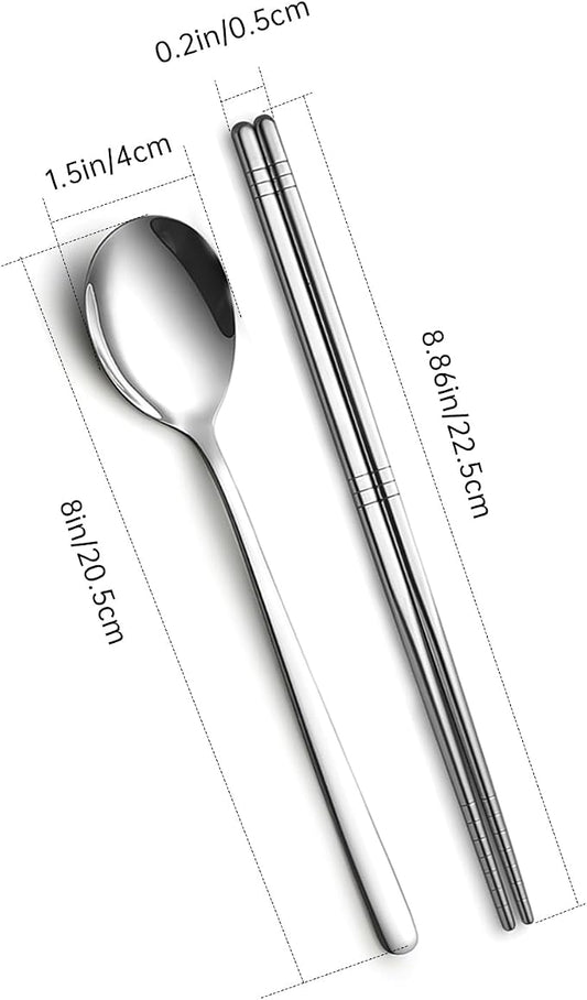 4 Set Korean Chopsticks and Spoons, Stainless Steel Metal Set, Reusable Flat Long Handle Set for Home, Kitchen or Restaurant