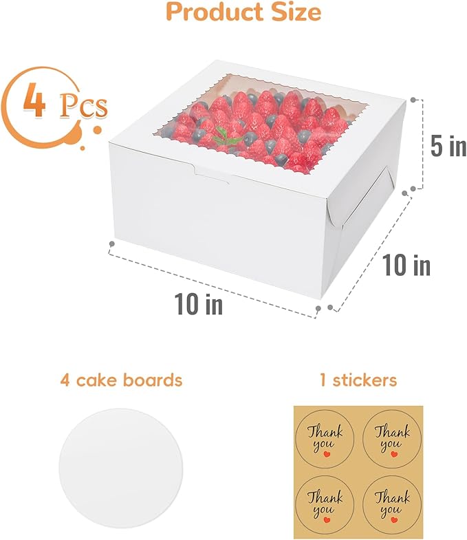 White Cake Boxes 10 Inch with Window， 4 Set Bakery Boxes with Cake Boards & Stickers, Tough Containers for Layer Cakes, Cupcakes, Desserts Food Safe Packaging（10x10x5 inch）