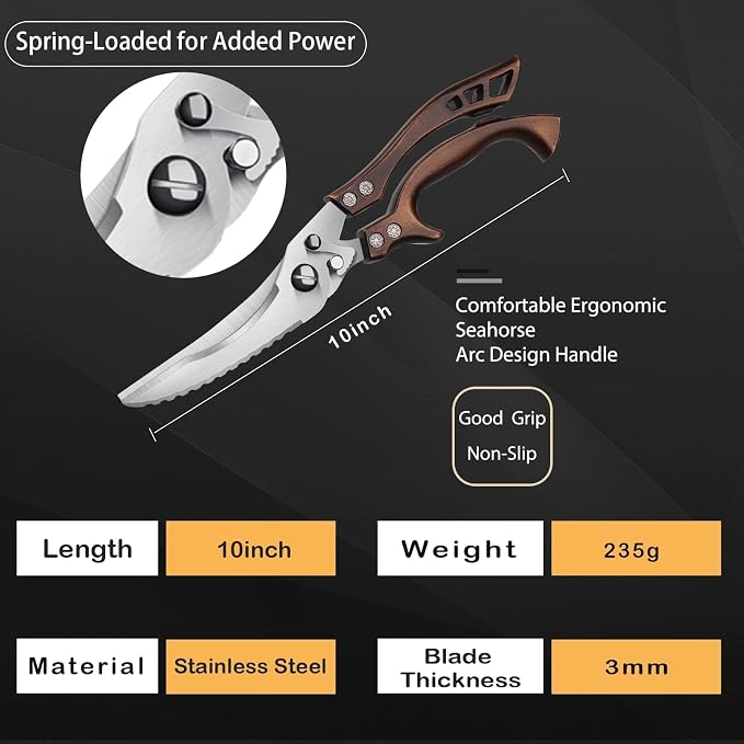 Poultry Shears, Heavy Duty Kitchen Shears with Serrated Edge, No Rust Spring Loaded, Multipurpose Stainless Steel Kitchen Scissors for Chicken, Bone, Meat, Turkey, Fish Thanksgiving Gifts