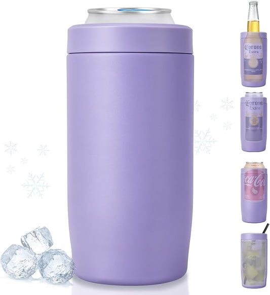 4-in-1 Slim Can Cooler Easy to Hold Insulated Beer Can Holder Double-Walled Stainless Steel for All 12 Oz Cans (lilac purple)