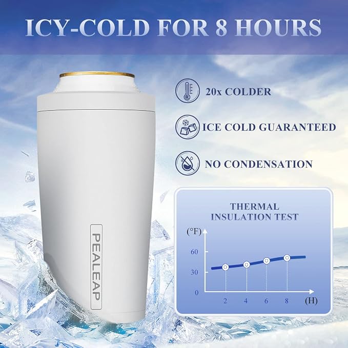 Pealeap 4-in-1 Insulated Slim Can Cooler for All 12oz Cans & Beer Bottles | Double-walled Stainless Steel Vacuum Can Cozy | Keep 8Hrs Cold | Universal Fits 12oz Drinks | No Sweat | Cup Holder Friendly