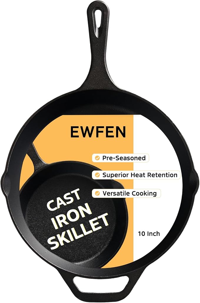 EWFEN Cast Iron Skillet 10 Inch, Pre-Seasoned Frying Pan, Heavy-Duty Professional Restaurant Chef Quality Cookware with Drip Spout, Indoor & Outdoor Use, Compatible with Oven, Stove, Grill & Campfire