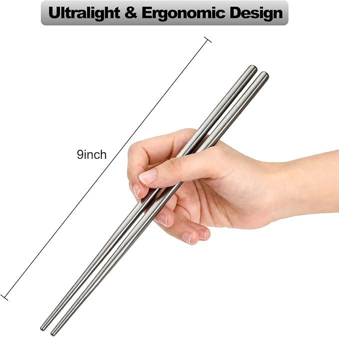 Nicunom 5 Pairs Pure Titanium Chopsticks, Ultralight Titanium Metal Chopsticks Dishwasher Safe Non-Slip Reusable Chopstick for Home Camping Travel, Silver Chop Sticks Gift Set