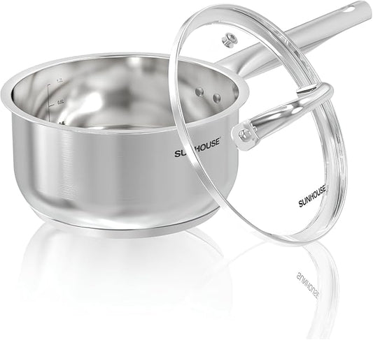 SUNHOUSE – 3 Quarts Stainless Steel Sauce Pan with Lid - PFOA-FREE, High Stainless Steel Sauce Pan, Advanced Impact Bonding Induction Base, Stay-Cool Handle, Compatible with All Cooktops
