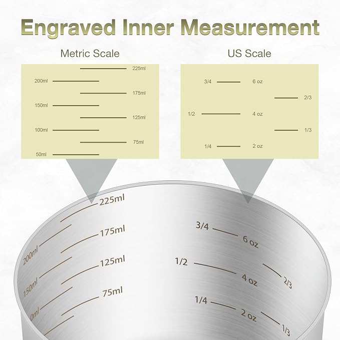 1PCS 1Cup (240ml, 8oz) Single Measuring Cup, Etched Inner Scale Stainless Steel Measure Scoop, Metric and US Measurement, Dishwasher Safe