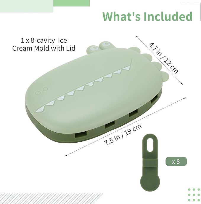 8-Cavity Popsicle Molds, Food-Safe Silicone Ice Cream Molds with Crocodile Lid, Fun Shaped Homemade Mini Ice Popsicle Maker with 8 Reusable Sticks, 7.5 x 4.7 in