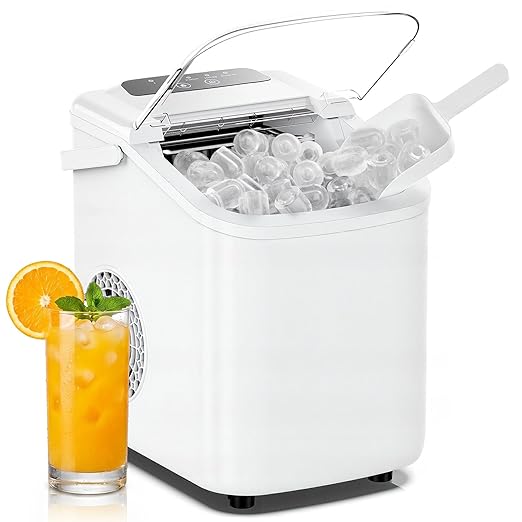 DUMOS Ice Maker Countertop, Ice Machine with Portable Handle, Basket and Scoop, 26lbs Daily, 9 Bullet Cubes in 6-8 Mins, Auto-Cleaning for Home, Kitchen, Office, Outdoors, RV Camping