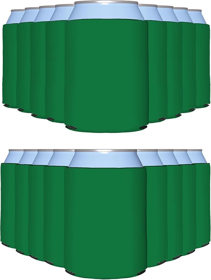 PartyPrints 100 Pack Kelly Green Blank Can Cooler Sleeves, Customizable Bulk Insulated Foam for Beer, Collapsible Plain Drink Holder, Cold Soda Insulator, 12oz Regular, 16oz Tall Cans