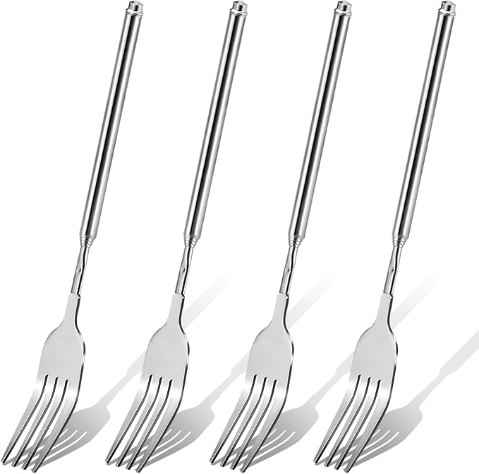 4 PCS Extendable Fork Set, Long Forks, Extended Stainless Steel Telescopic Forks for BBQ, Dinner, Dessert, Sausages, Hot Dogs, 9" to 25.2" Silver